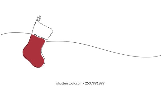 A single line drawing of a a Christmas stocking. Continuous line christmas icon in color. One line icon. Vector illustration.