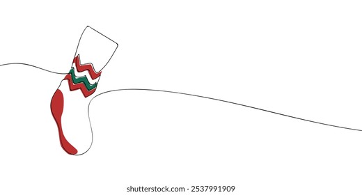 A single line drawing of a a Christmas stocking. Continuous line christmas sock icon in color. One line icon. Vector illustration.