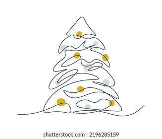 Weihnachtsbaum in einer Zeile. Weihnachts- oder Neujahrsgrafik durch kontinuierliche Linie. Umrisszeichnung des Weihnachtsbaumes mit farbigen Bälle.