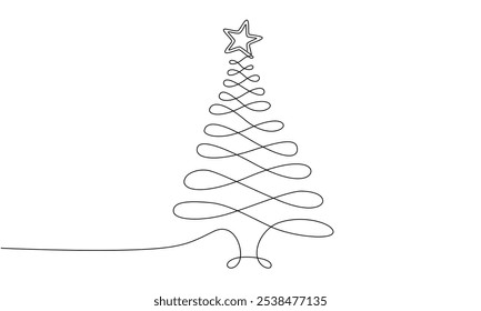 Single line drawing Christmas tree with star on top of it. Modern continuous line art, aesthetic contour. Xmas symbol for greeting card, prints, poster, sticker, banner. Vector illustration