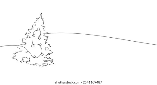 Eine einzeilige Zeichnung eines Weihnachtsbaums mit Stern und Bällen. Symbol für durchgehende Linien-Kiefer. Symbol für eine Zeile. Vektorgrafik.