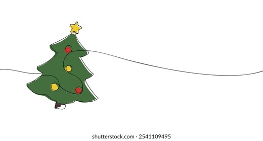A single line drawing of a christmas tree with star and balls. Continuous line christmas icon in color. One line icon. Vector illustration.