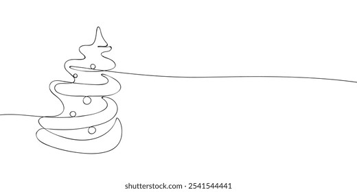 Um único desenho de linha de uma árvore de Natal com estrela e bolas. Linha contínua de Natal. Ícone de uma linha. Ilustração vetorial.