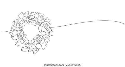 A single line drawing of a Christmas wreath with toys. Continuous line Christmas cards icon. One line icon. Vector illustration.