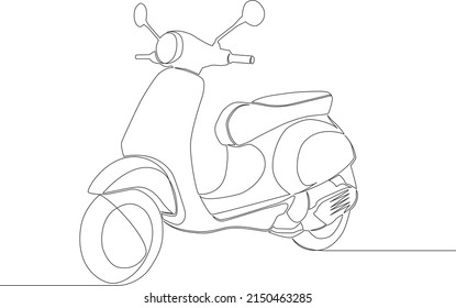 Single Line Drawing Of Classic Motor Scooter Isolated On White Background, Line Art Vector Illustration