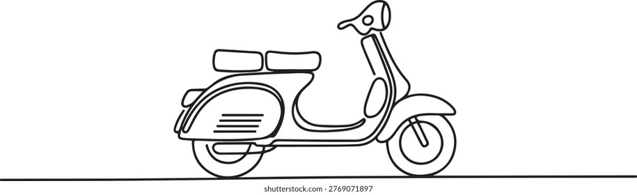 single line drawing of classic motor scooter isolated on white background, line art vector illustration. one line Icon drawing
