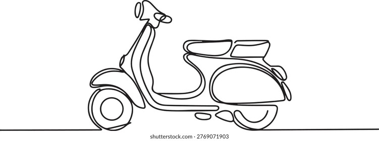 single line drawing of classic motor scooter isolated on white background, line art vector illustration. one line Icon drawing
