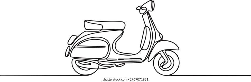 single line drawing of classic motor scooter isolated on white background, line art vector illustration. one line Icon drawing
