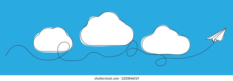 Single Line Drawing Of Clouds In Sky With Paper Plane, Line Art Vector Illustration