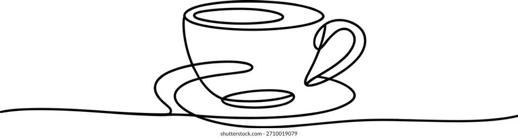Desenho de linha única de uma xícara de café e pires minimalista