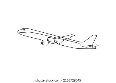 Single line drawing : commercial airplane takeoff and climb. Takeoff is the phase of flight in which an aerospace vehicle leaves the ground and becomes airborne. Vector illustration for transportation