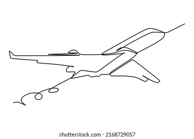 Dibujo de una sola línea: despegue y subida de un avión comercial. El despegue es la fase de vuelo en la que un vehículo aeroespacial sale del suelo y pasa a ser aerotransportado. Ilustración vectorial para el transporte