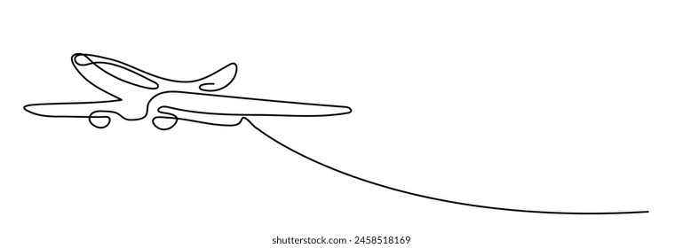 Single line drawing : commercial airplane takeoff and climb. Takeoff is the phase of flight in which an aerospace vehicle leaves the ground and becomes airborne. Vector illustration for transportation