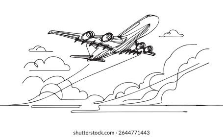 Single line drawing : commercial airplane takeoff and climb. Takeoff is the phase of flight in which an aerospace vehicle leaves the ground and becomes airborne. Vector illustration for transportation