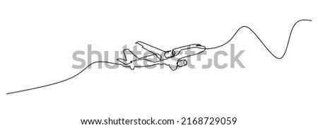 Single line drawing : commercial airplane takeoff and climb. Takeoff is the phase of flight in which an aerospace vehicle leaves the ground and becomes airborne. Vector illustration for transportation