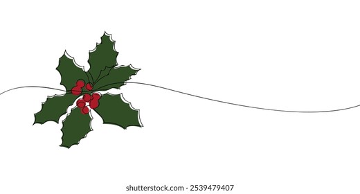 A single line drawing of a common holly. Continuous line christmas icon in color. One line icon. Vector illustration.