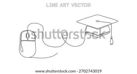 A single line drawing of a computer mouse with its cord leading to and forming a graduation cap, representing online learning, e learning, virtual courses, academic achievement, and digital education
