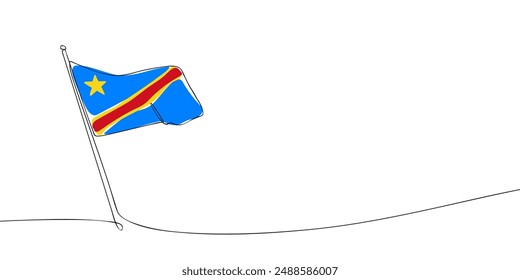 Dibujo de una sola línea de una bandera del Congo. Línea continua Icono de la República Democrática del Congo. Icono de una línea. Ilustración vectorial