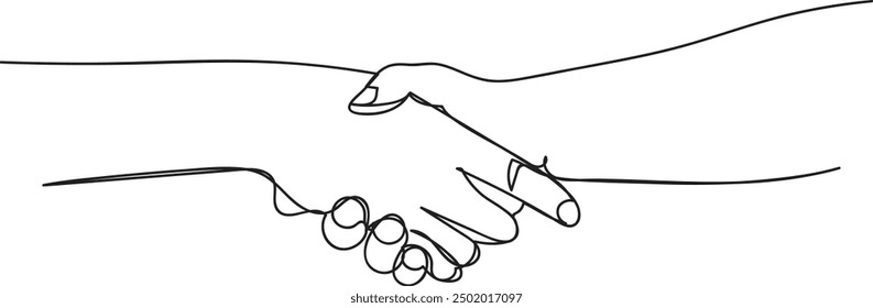 Single line drawing connected business associates shaking hands, business handshake line art vector illustration