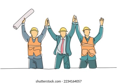Single line drawing of construction worker and foreman celebrate their successive build the building together. Building construction concept continuous line draw design vector graphic illustration