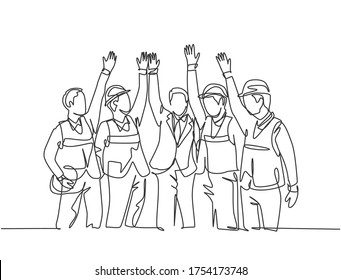 Single line drawing of construction workers and foreman with vest and helmet celebrate their successive build. Building construction concept. Continuous line draw graphic design vector illustration