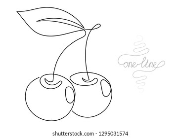 Single line drawing. Continuous one line art. Cherry fruit. Hand drawn modern minimalistic design for creative logo, icon or emblem. Editable stroke.