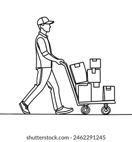 Single line drawing of a courier with a cardboard box with a trolley. Delivery service concept. Vector illustration of continuous line drawing.