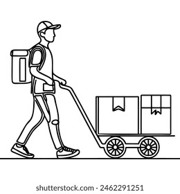 Single line drawing of a courier with a cardboard box with a trolley. Delivery service concept. Vector illustration of continuous line drawing.