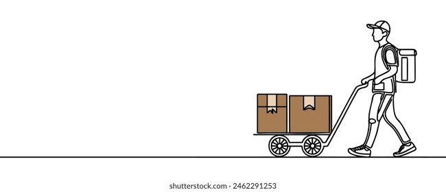 Single line drawing of a courier with a cardboard box with a trolley. Delivery service concept. Vector illustration of continuous line drawing.