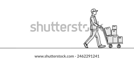 Single line drawing of a courier with a cardboard box with a trolley. Delivery service concept. Vector illustration of continuous line drawing.