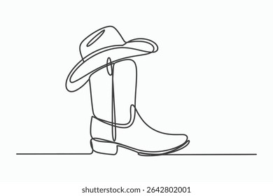 Single line drawing of cowboy boot and hat