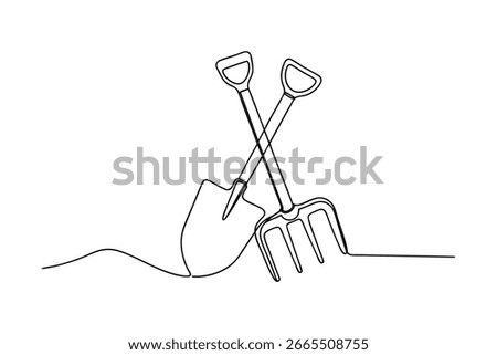 Single line drawing crossed garden spade fork tool gardening