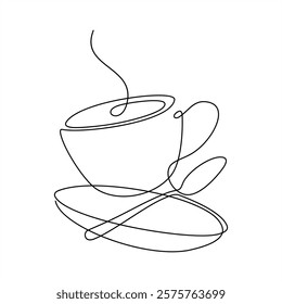 Single line drawing a cup coffee, spoon, and saucer in floating style. 