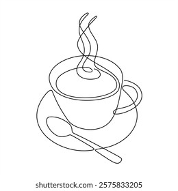 Single line drawing a cup coffee, spoon, and saucer. Artistic hot drink logo. 