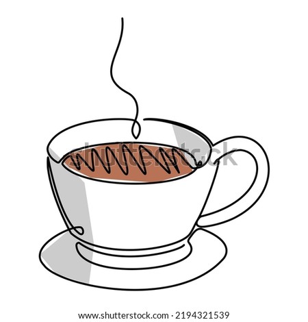 Single line drawing of a cup of coffee. Simple flat color doodle style design for food and beverage concept 