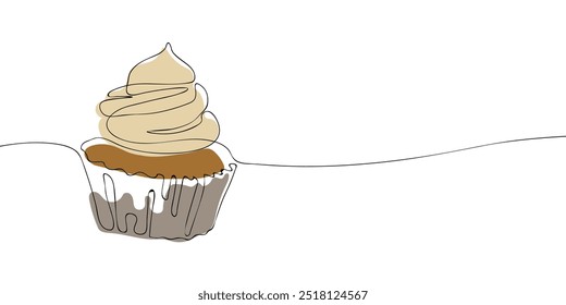 Eine einzeilige Zeichnung eines Cupcakes. Kontinuierliche Linie Thanksgiving Muffin Symbol in Farbe. Symbol für eine Zeile. Vektorgrafik.