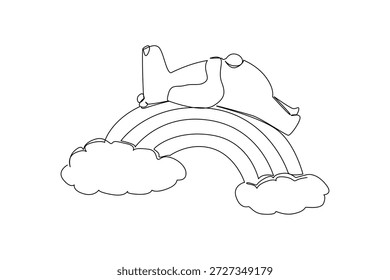 Desenho de linha única de um urso polar adorável bonito dormindo supine em um arco-íris. Ilustração de conceito de natureza, perfeito para o inverno, temas árticos, decoração da parede do quarto das crianças, e impressão do berçário