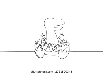Single line drawing of cute adorable dinosaur t rex features the extinct animal sitting inside glazing donut for sweet dessert concept. Minimalist design of international food day theme for kids event