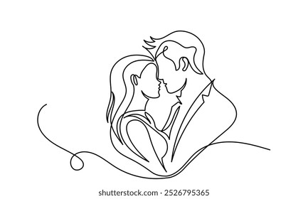 Desenho de linha única de um belo casal bonito.Um par de desenhos de linha beijando. desenho contínuo de uma linha. Um casal com um momento romântico esposa e marido isolado em um fundo branco.
