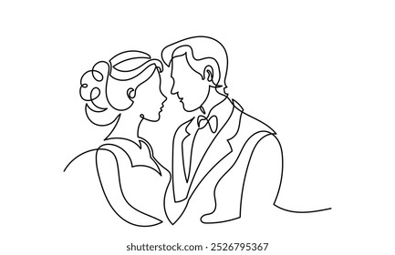 Desenho de linha única de um belo casal bonito.Um par de desenhos de linha beijando. desenho contínuo de uma linha. Um casal com um momento romântico esposa e marido isolado em um fundo branco.
