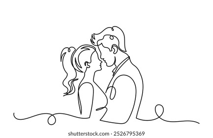 Desenho de linha única de um belo casal bonito.Um par de desenhos de linha beijando. desenho contínuo de uma linha. Um casal com um momento romântico esposa e marido isolado em um fundo branco.
