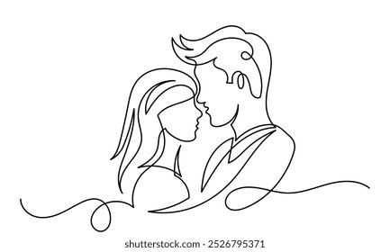 Desenho de linha única de um belo casal bonito.Um par de desenhos de linha beijando. desenho contínuo de uma linha. Um casal com um momento romântico esposa e marido isolado em um fundo branco.
