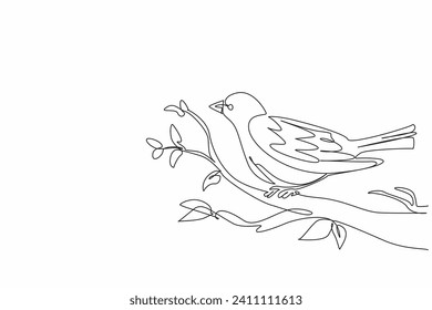 Dibujo de una sola línea de bonito pájaro de belleza encaramado en una exuberante rama de árbol y con un tono hermoso. Día Nacional de las Aves. Acto anual de celebración internacional. Diseño gráfico de ilustraciones vectoriales