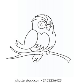 Single line drawing of cute beauty bird perched at lush tree branch and chirped beautiful