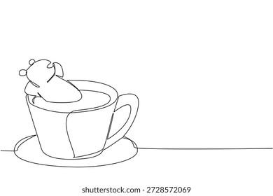 Dibujo de línea única de castor lindo presenta el industrioso animal remojando relajarse en la taza de café para el concepto de naturaleza. El diseño minimalista representa un tema del día internacional de la presa para el evento infantil
