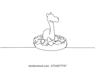 Einzeilige Zeichnung von niedlichen Kamel Features wilde Wüste Tier sitzt in glasierten Donut für süßen Snack-Konzept. Minimalistisches Design steht für internationales Food-Day-Thema für Kinder-Event-Dekoration