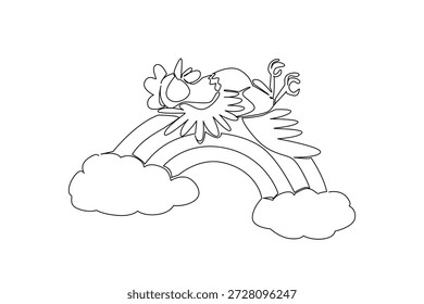 Desenho de linha única de um galo de galinha de canto bonito dormindo supine em um arco-íris. Natureza conceito ilustração tema fazenda para Ano Novo Chinês. Gráfico minimalista para menu café da manhã em mini resto