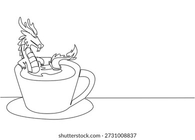 Single line drawing of cute dragon animal soaking in a coffee cup for a nature concept. Unique design features Chinese mythical beast for an international cafe day theme in minimalist style