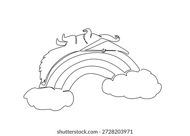 Single line drawing of cute giant anteater animal sleeping supine on a rainbow with clouds. Nature concept, World Ant Eater Day theme, cute nursery art illustration for kids storybook cover