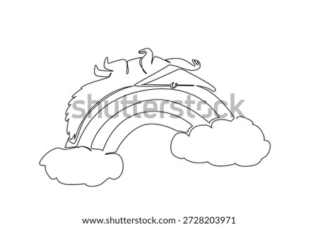 Single line drawing of cute giant anteater animal sleeping supine on a rainbow with clouds. Nature concept, World Ant Eater Day theme, cute nursery art illustration for kids storybook cover